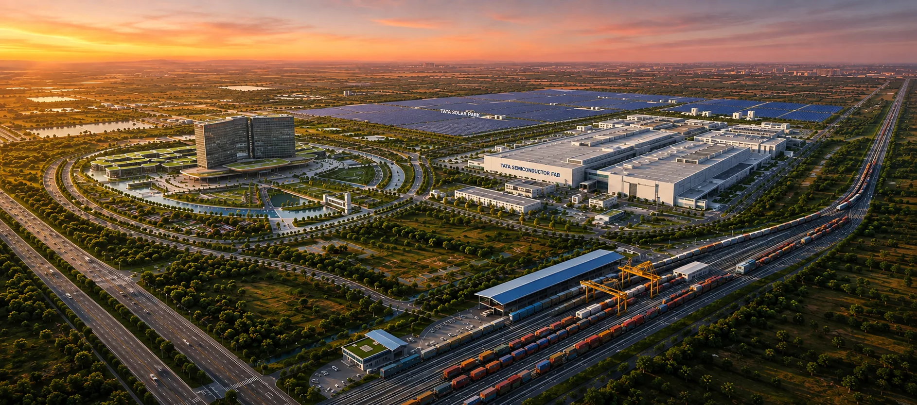 Dholera SIR at sunset — Tata semiconductor fab, solar park and cargo railway station